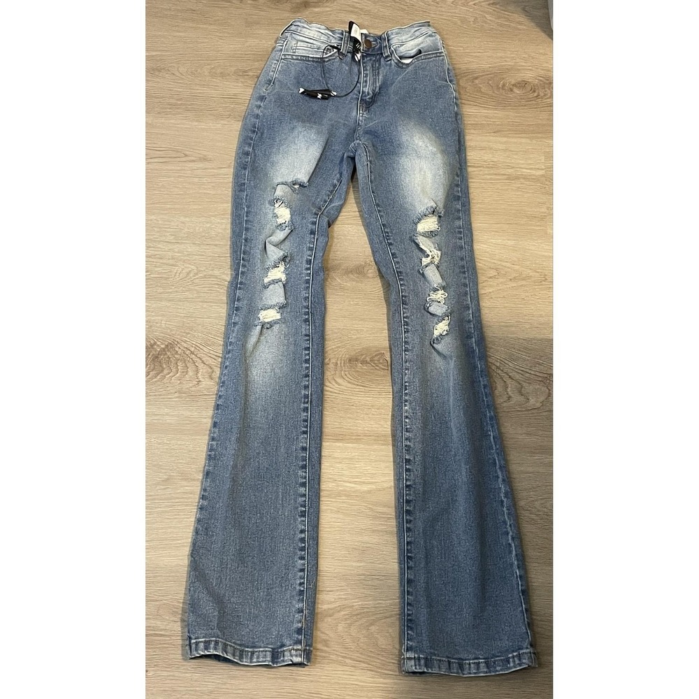 Fashion Nova Jeans Women's 0 Blue Let It Be Straight Leg Mid Rise Distressed